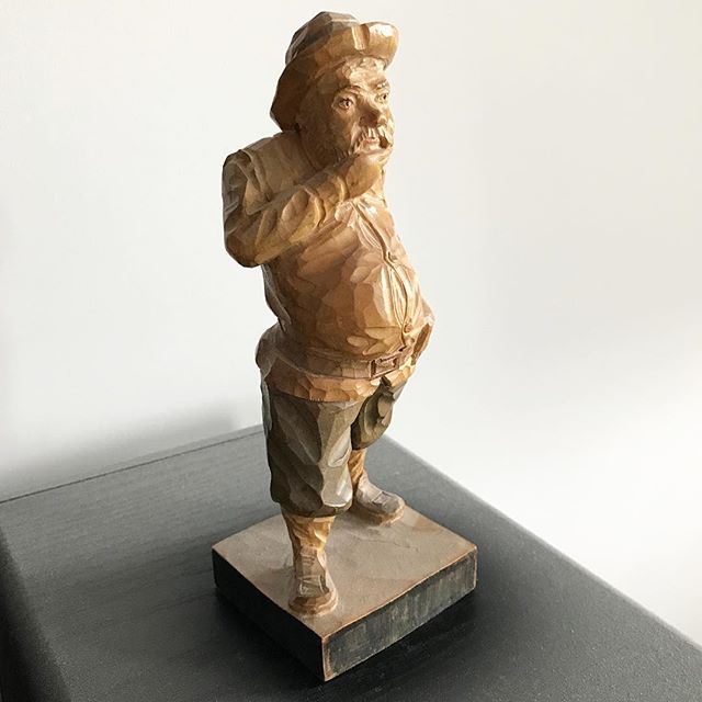#day30 This small wooden carving was picked up by my parents on a trip to Spain in 1962 (before I was born). It was always displayed in the living room as I grew up, sitting on a coffee table or a mantle, and naturally became a favourite plaything. A few years ago I asked my mom if I could have it and now it sits on our coffee table. It is the most tactile piece of art I have and just picking it up is always a sensuous experience. Fat man Wooden sculpture — Unknown Spanish street artist #31daysofart #artinourhouse #art #artists #artwork #beautiful #BC #artoftheheart #wood #sculpture #carving #wellloved